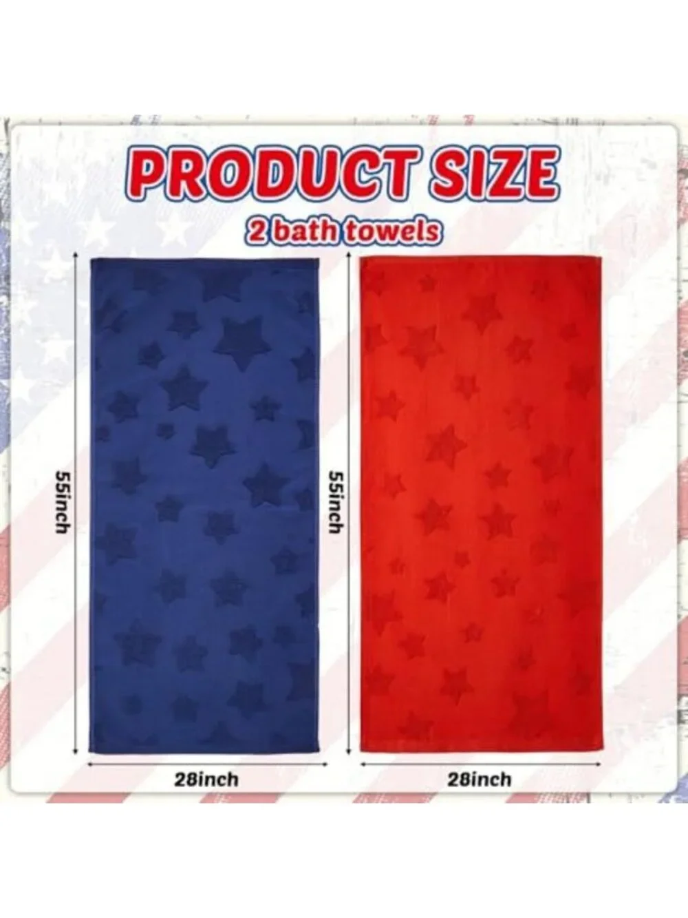 2 Pack Large Patriotic Bath Towels - 100% Cotton, 4th of July Decor, 28x55 in